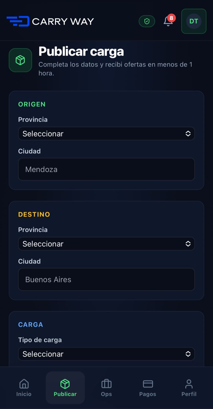 Vista previa para publicar cargas en CarryWay